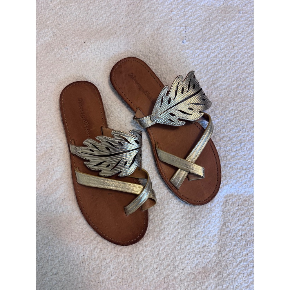 Tommy Bahama Gold Leather Monstera Leaf Slide Sandals Womens 8 TFW00277